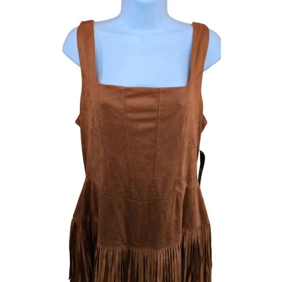 Fringe Western Brown Dress Sleeveless faux Suede Boho Style cottagecore coquette - Picture 3 of 8